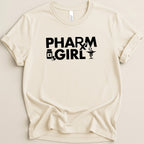 Cream t-shirt with "PHARM GIRL" text and pharmacy symbols.