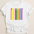 White t-shirt with colorful vertical "PHARMACY" text.