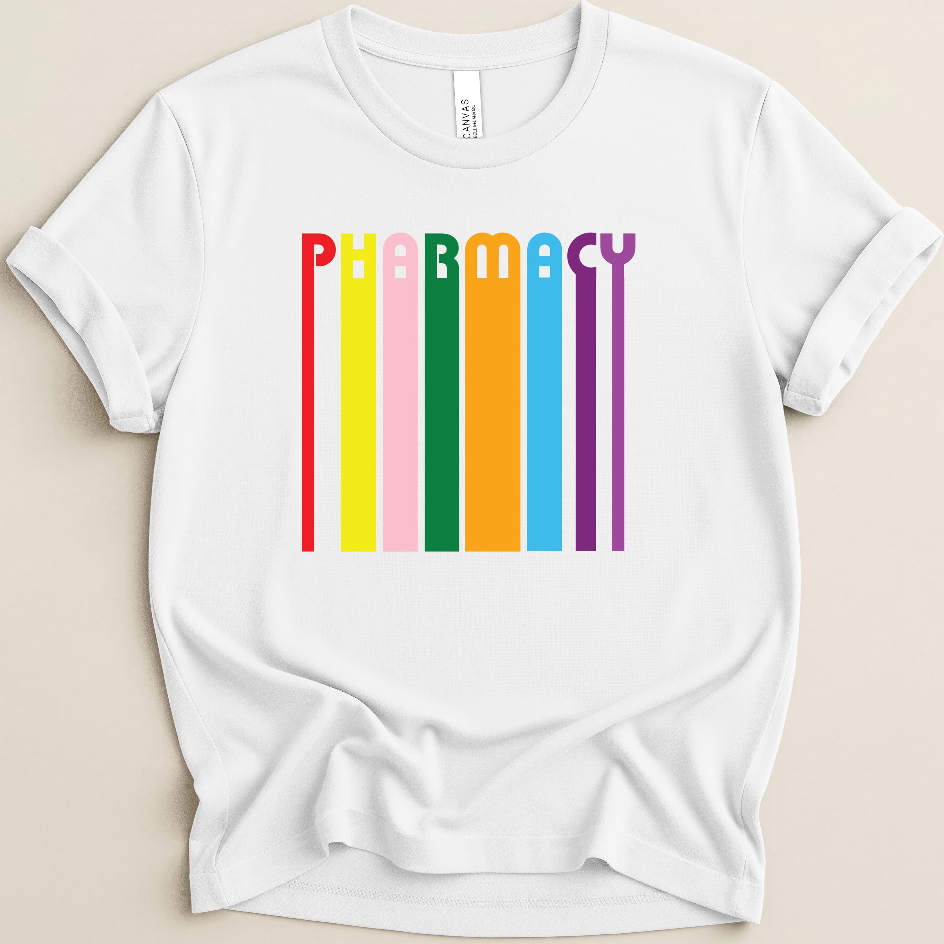 White t-shirt with colorful vertical "PHARMACY" text.