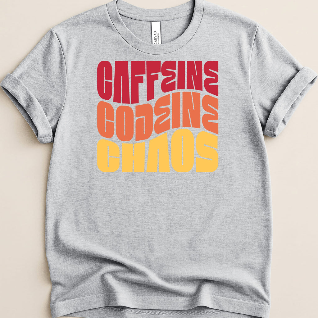Gray t-shirt with "CAFFEINE" and "CHAOS" text in red, orange, and yellow.