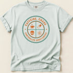 T-shirt with "CAFFEINE, CHAOS, CONTROLLED SUBSTANCES" text and circular graphic.