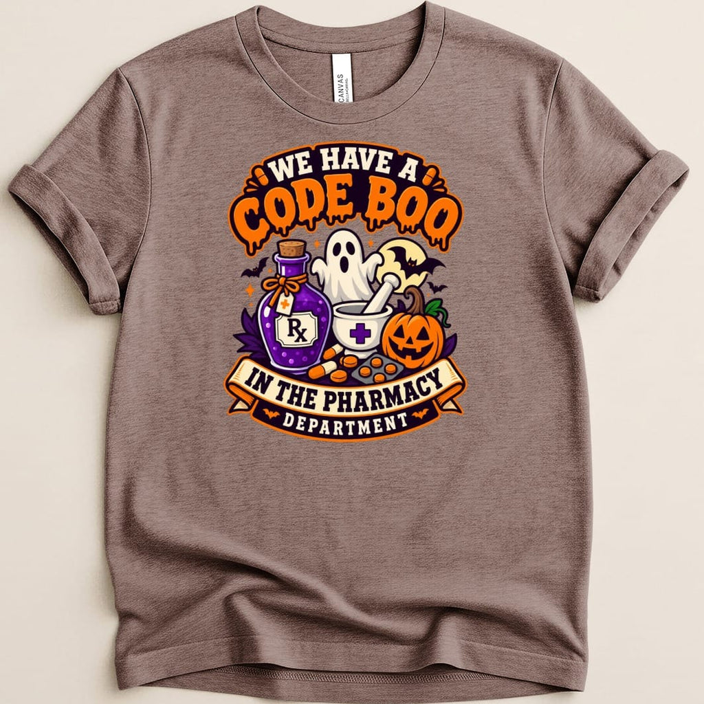 T-shirt with "We Have A Code Boo" Halloween pharmacy graphic.
