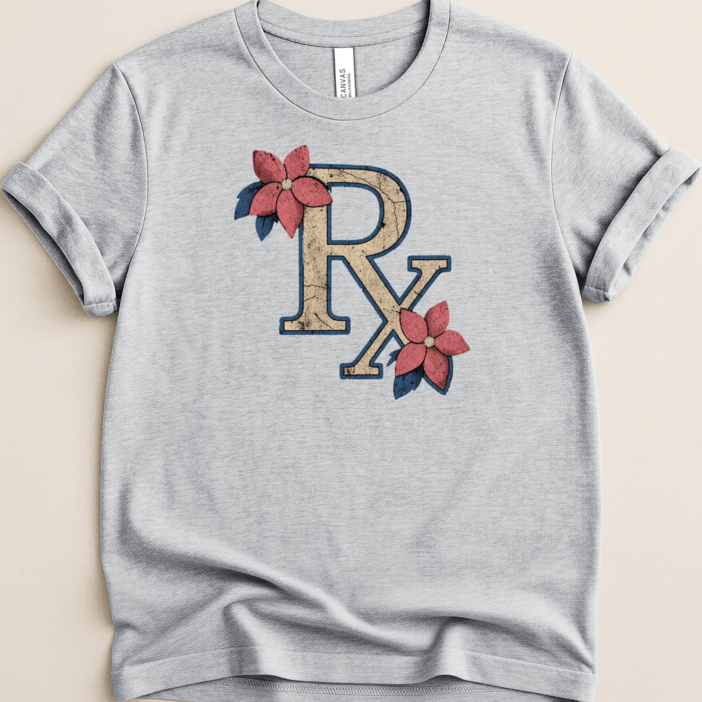 Light grey t-shirt with distressed Rx symbol and floral accents.