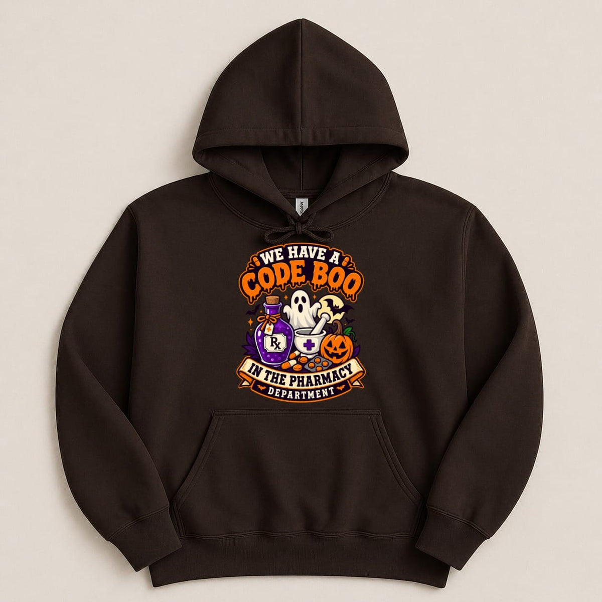 Brown hoodie with Halloween pharmacy graphic: "We Have a Code Boo in the Pharmacy Department".