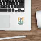 Sticker of a skeleton pharmacist in a white coat with a mortar and pestle.
