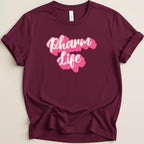 Maroon t-shirt with "Pharm Life" text in pink and white.