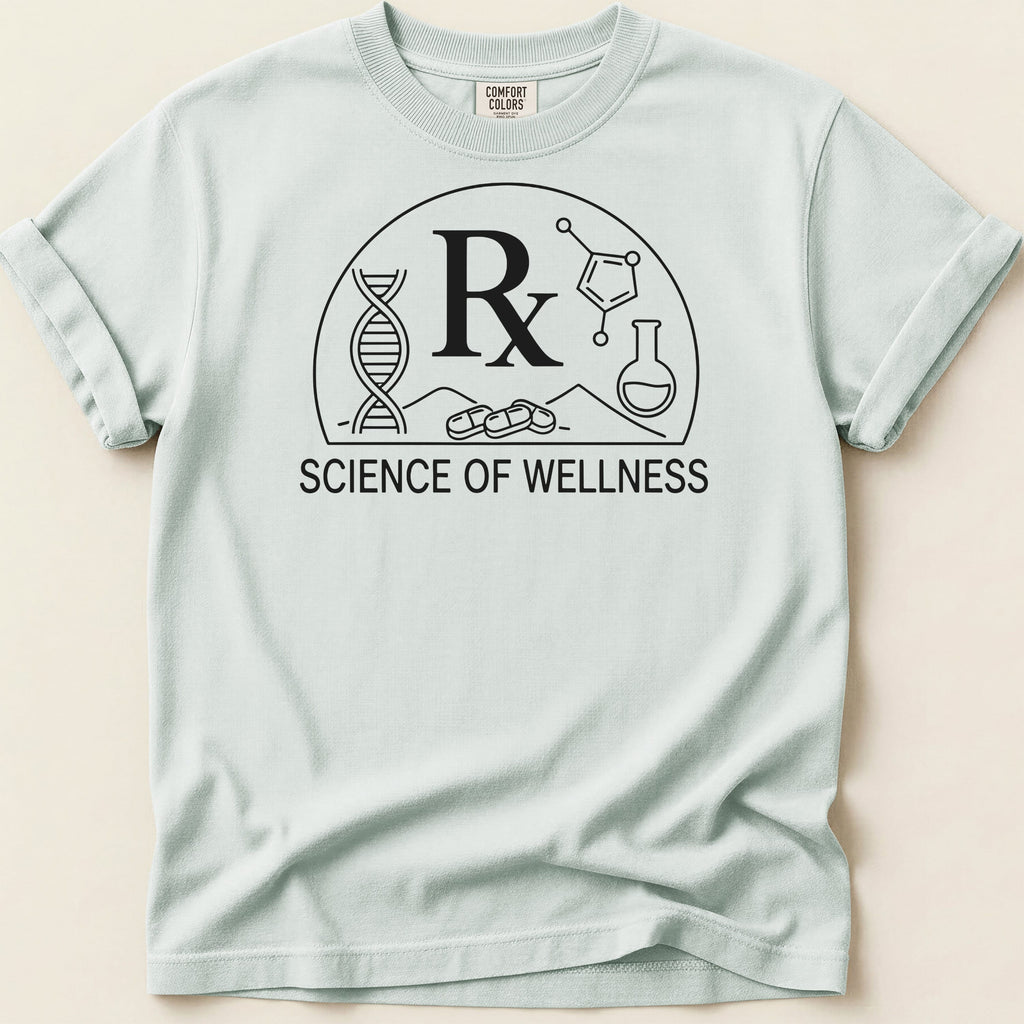 T-shirt with Rx, DNA, flask, and science graphic; "Science of Wellness".