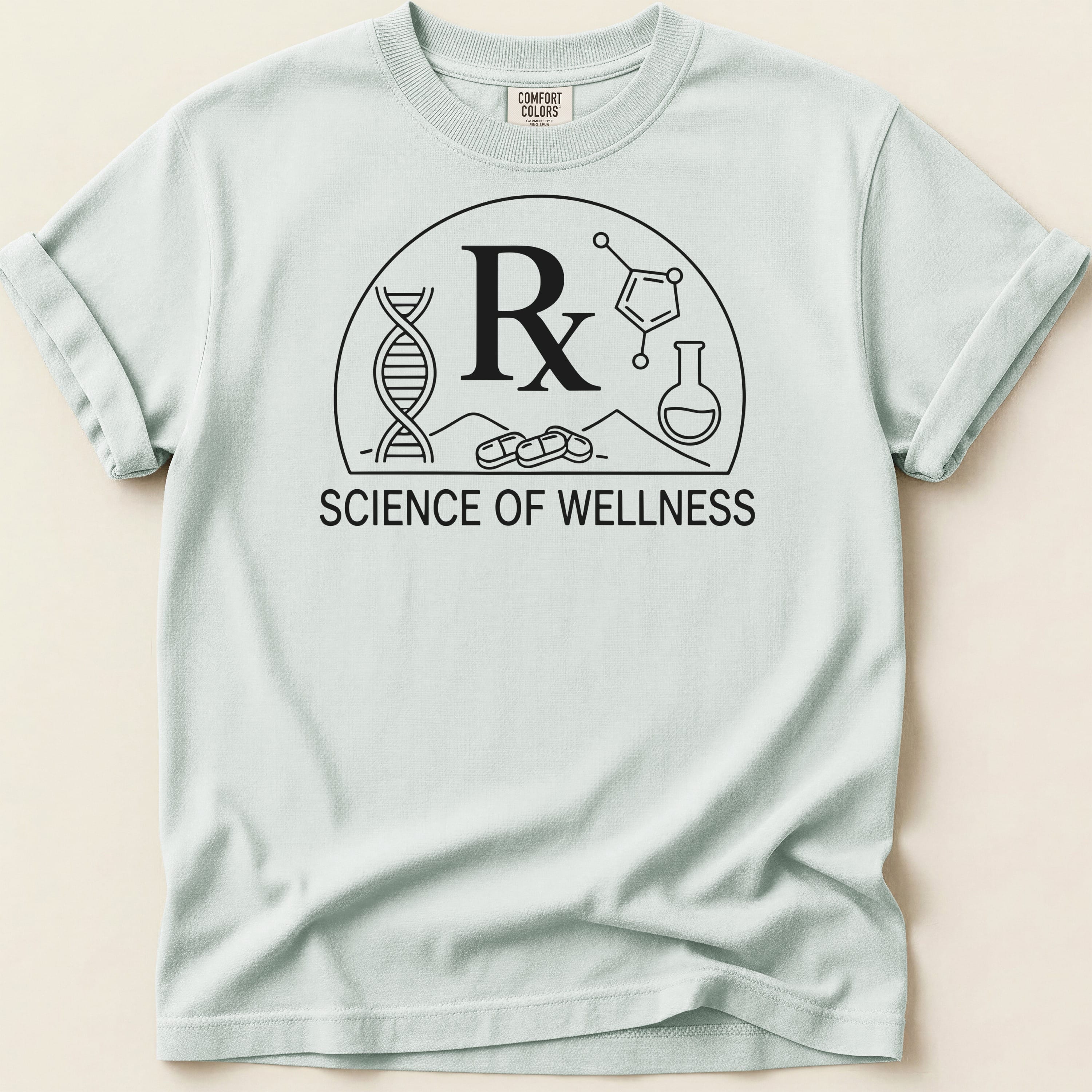 T-shirt with Rx, DNA, flask, and science graphic; "Science of Wellness".