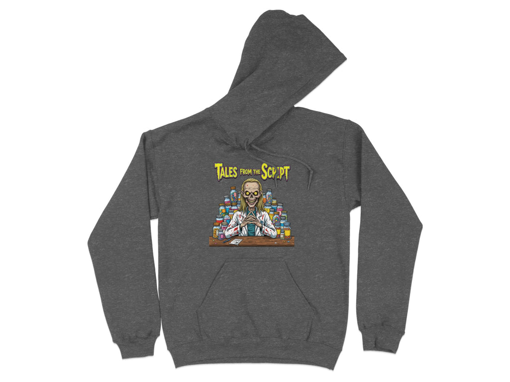 Dark gray hoodie with a skeleton in a lab coat and bottles of pills.