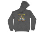 Dark gray hoodie with a skeleton in a lab coat and bottles of pills.