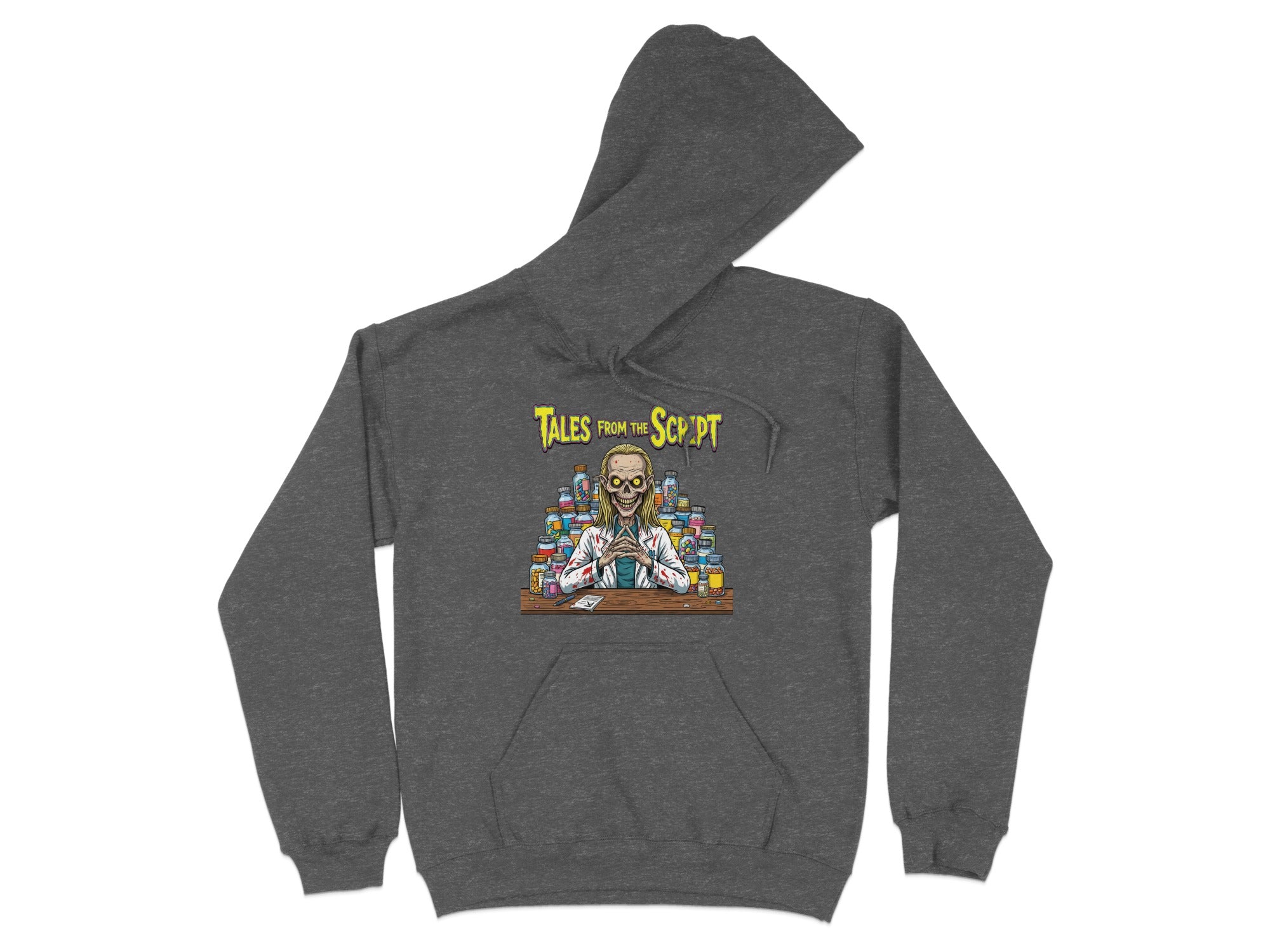 Dark gray hoodie with a skeleton in a lab coat and bottles of pills.