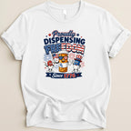 Cartoon pills wearing patriotic hats, celebrating dispensing freedom since 1776.
