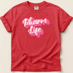 Red t-shirt with "Pharm Life" text in pink and white lettering.