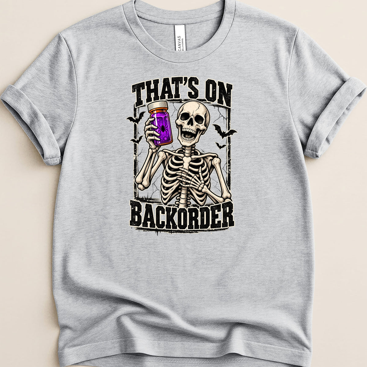 Skeleton holding purple potion bottle with spider, text "That's On Backorder".