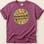 Pharmacy Technician graphic with Rx symbol, pills, and beaker on purple t-shirt.
