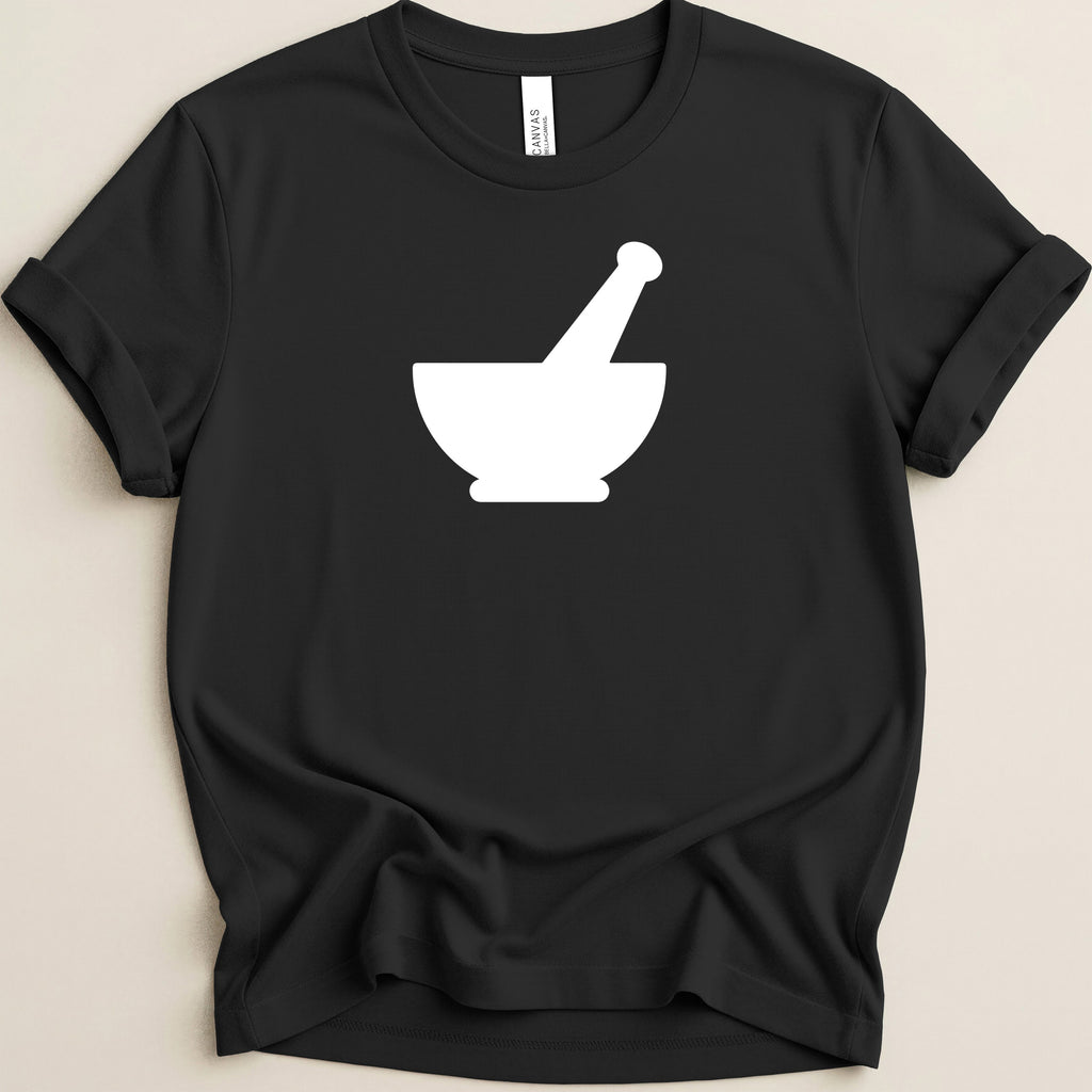 Black t-shirt with a white mortar and pestle graphic on the front.