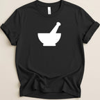 Black t-shirt with a white mortar and pestle graphic on the front.