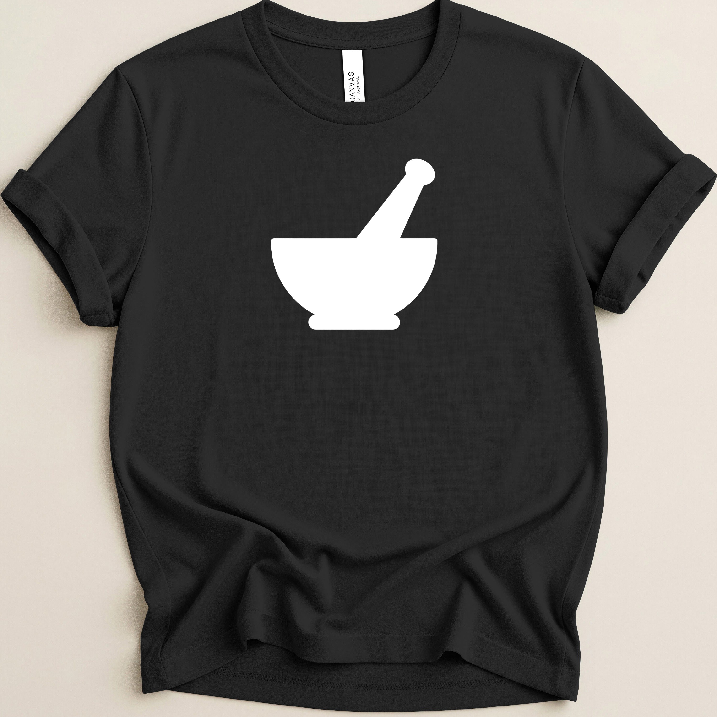 Black t-shirt with a white mortar and pestle graphic on the front.