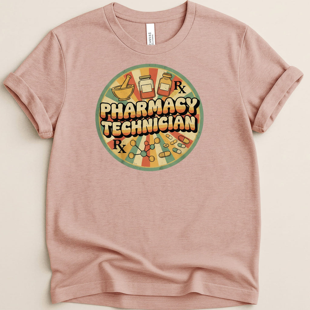 Circular graphic with pharmacy symbols and "Pharmacy Technician" text on a pink t-shirt.