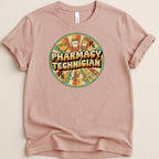 Circular graphic with pharmacy symbols and "Pharmacy Technician" text on a pink t-shirt.