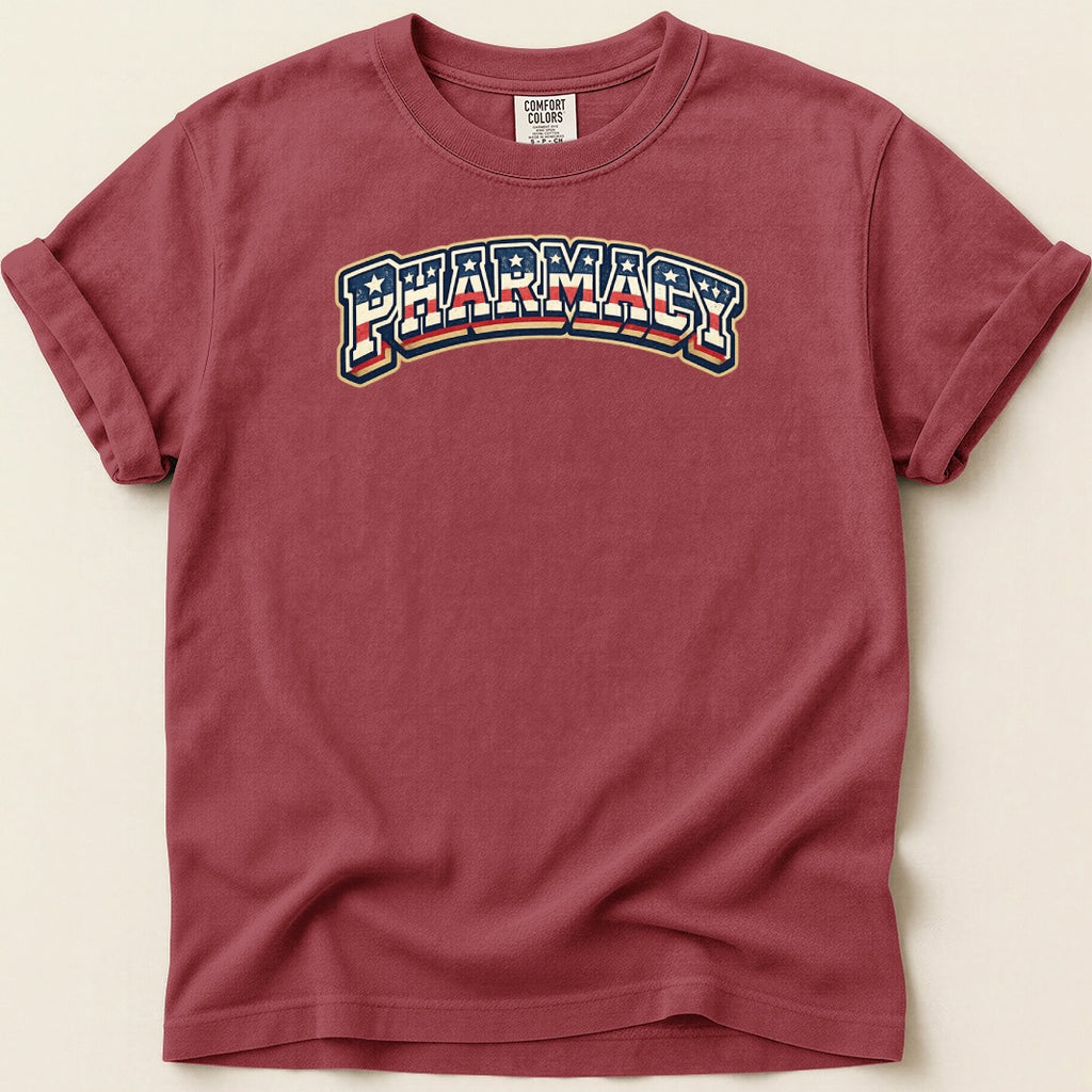 Maroon t-shirt with "PHARMACY" in red, white, and blue arched text.