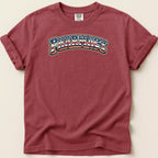 Maroon t-shirt with "PHARMACY" in red, white, and blue arched text.
