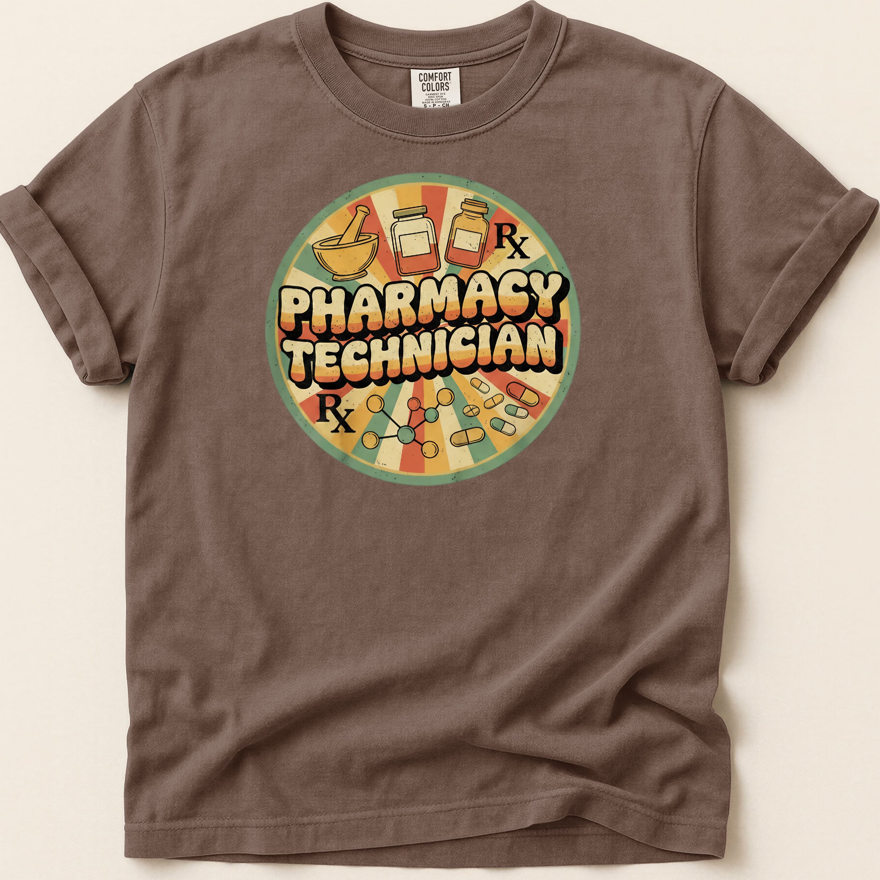 Retro pharmacy technician emblem with pills and mortar and pestle.