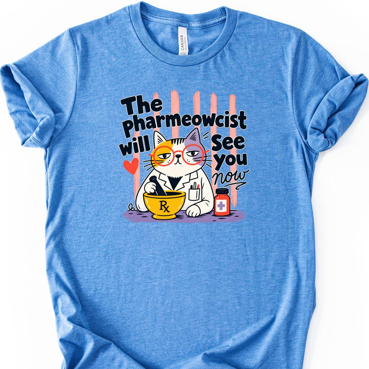 Graphic t-shirt with a cartoon cat pharmacist holding a mortar and pestle.