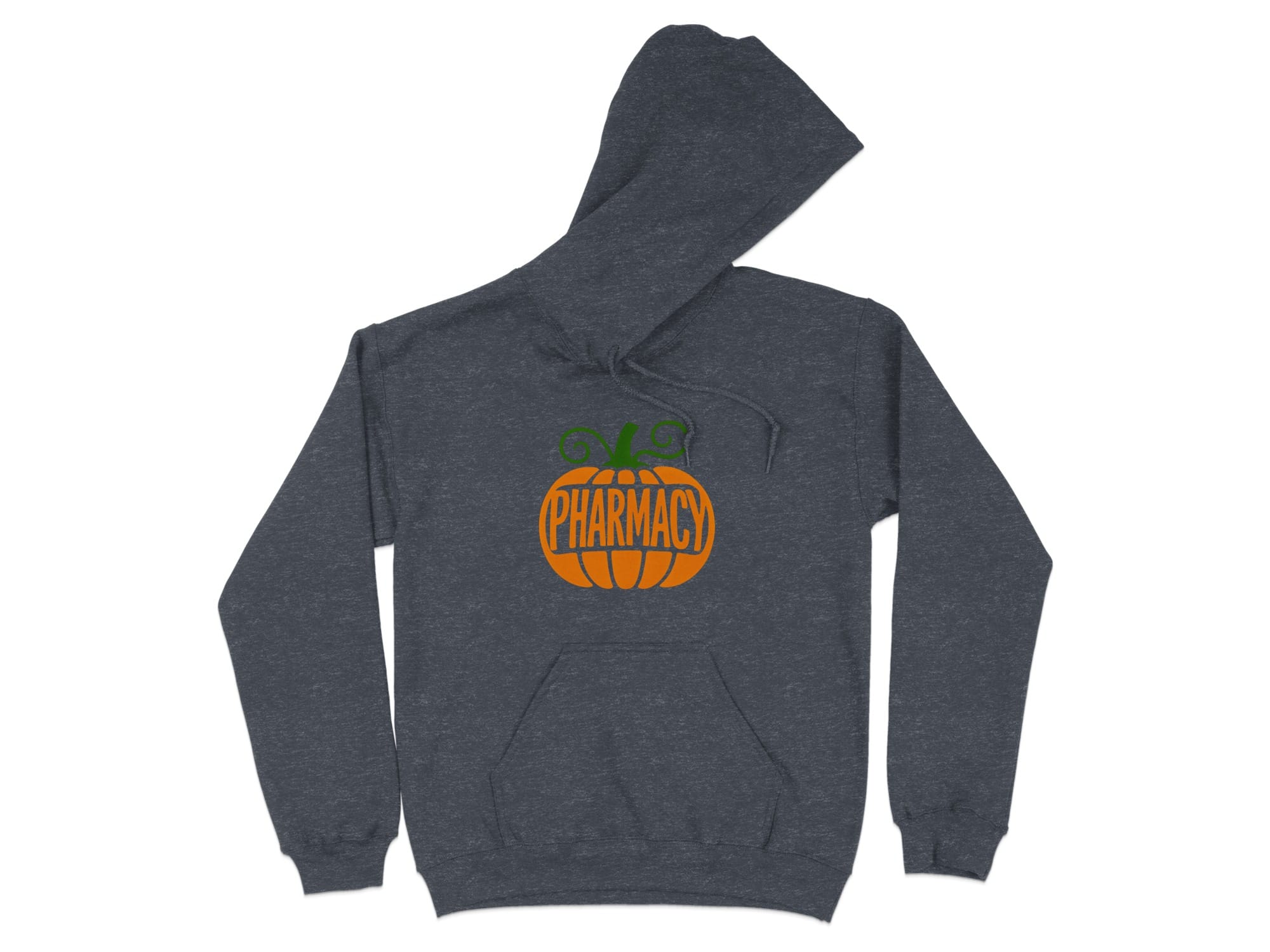 Dark grey hoodie with an orange pumpkin graphic and "PHARMACY" text.