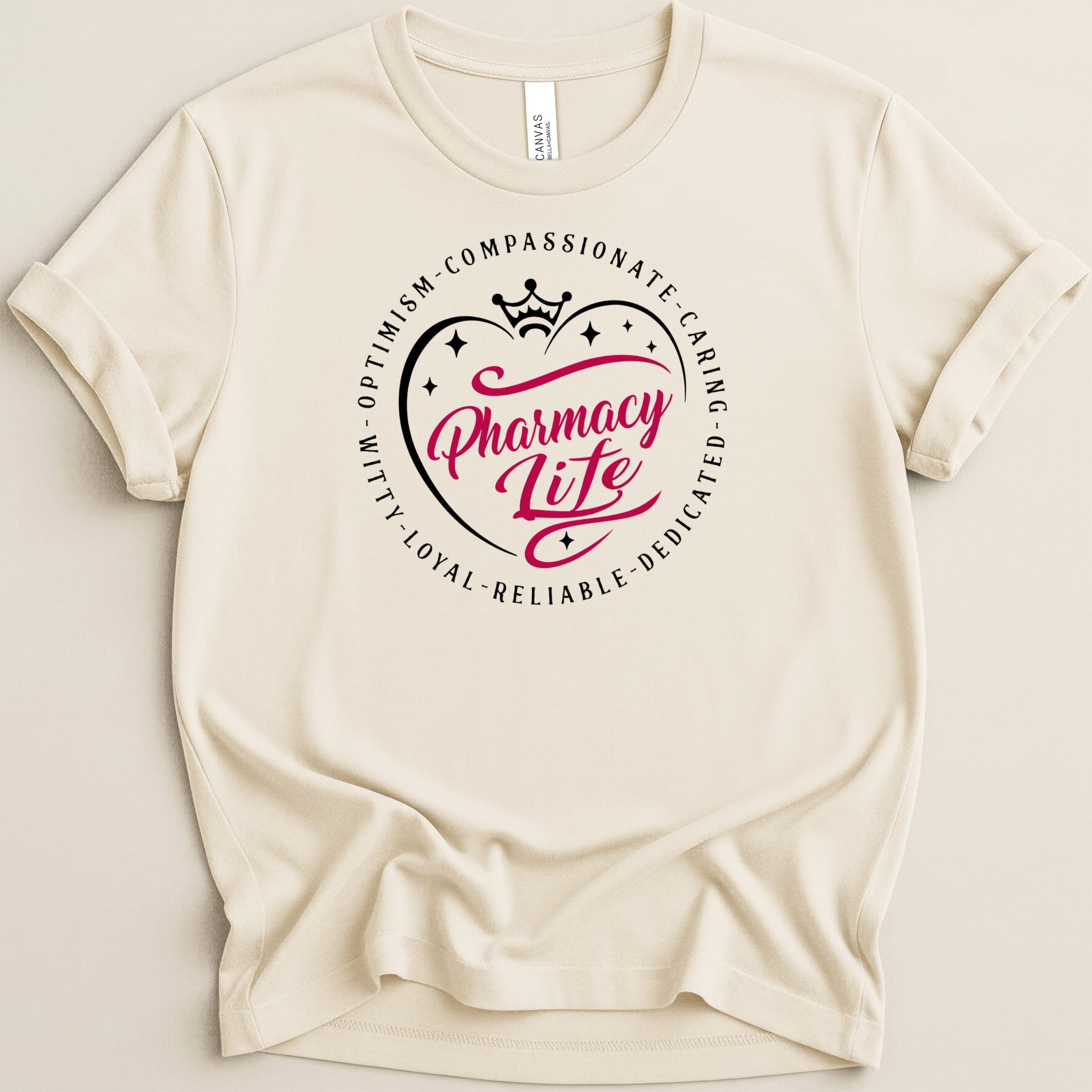 Cream t-shirt with "Pharmacy Life" text inside a heart and crown graphic.