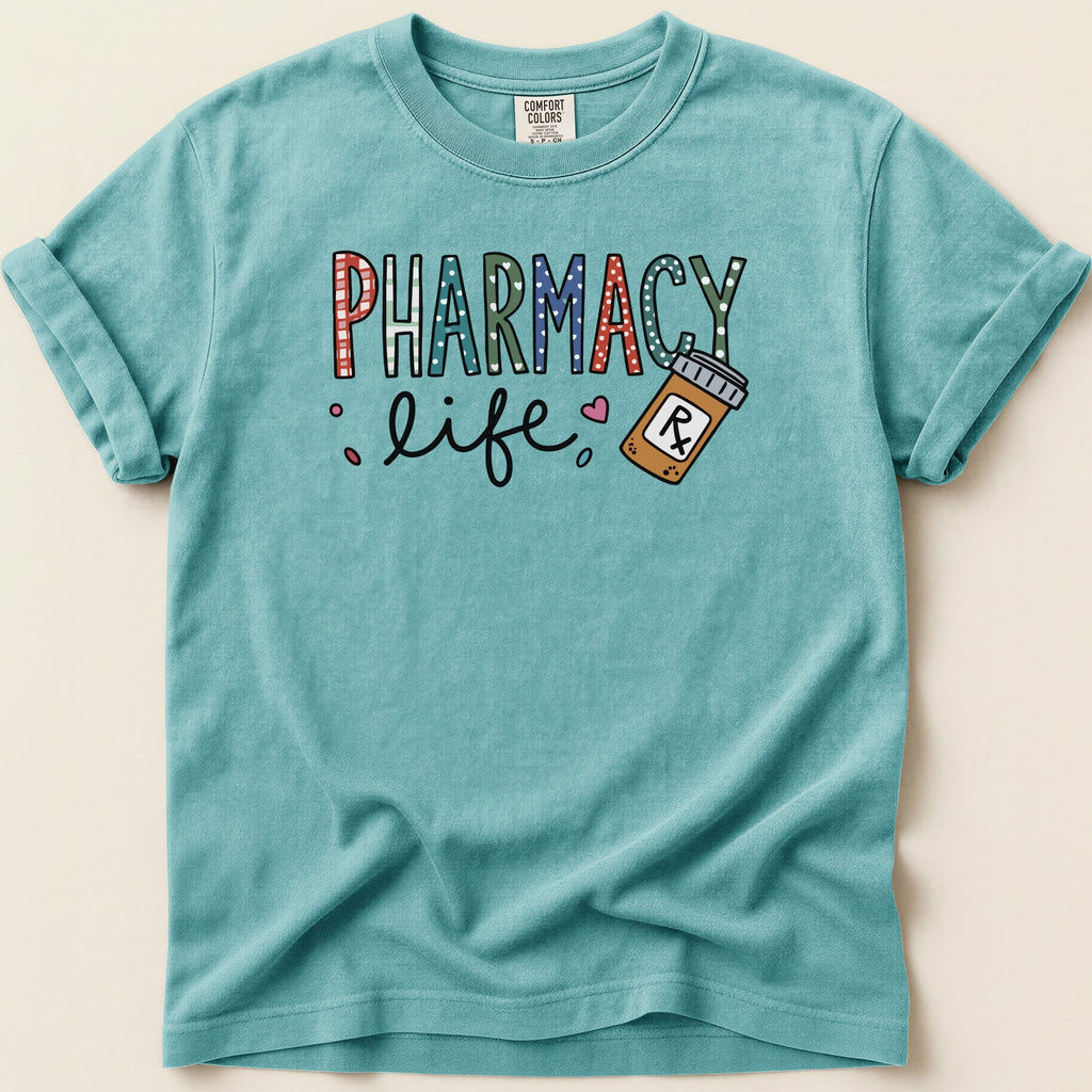 Teal t-shirt with "PHARMACY life" and a prescription bottle graphic.