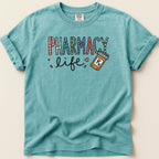 Teal t-shirt with "PHARMACY life" and a prescription bottle graphic.