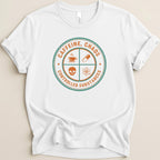 T-shirt with circular logo featuring coffee cup, skull, atom, and pill icons.