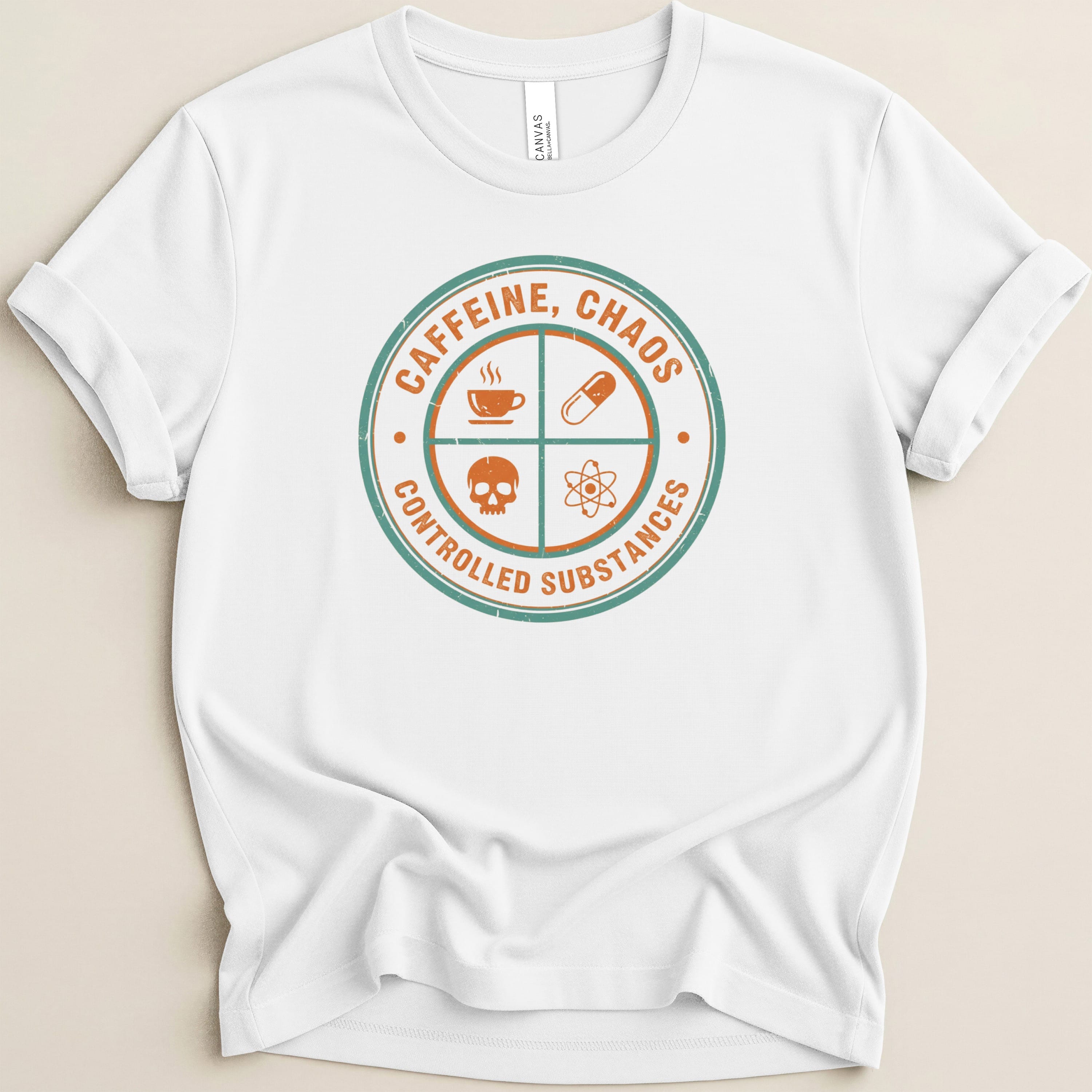 T-shirt with circular logo featuring coffee cup, skull, atom, and pill icons.
