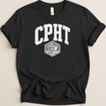 Black t-shirt featuring the white arched text CPHT above a mortar and pestle emblem.