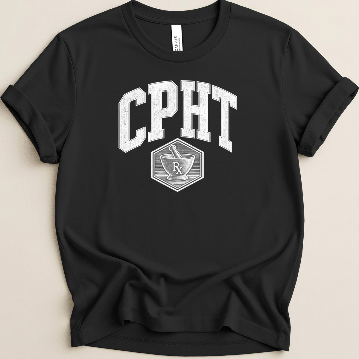 Black t-shirt featuring the white arched text CPHT above a mortar and pestle emblem.