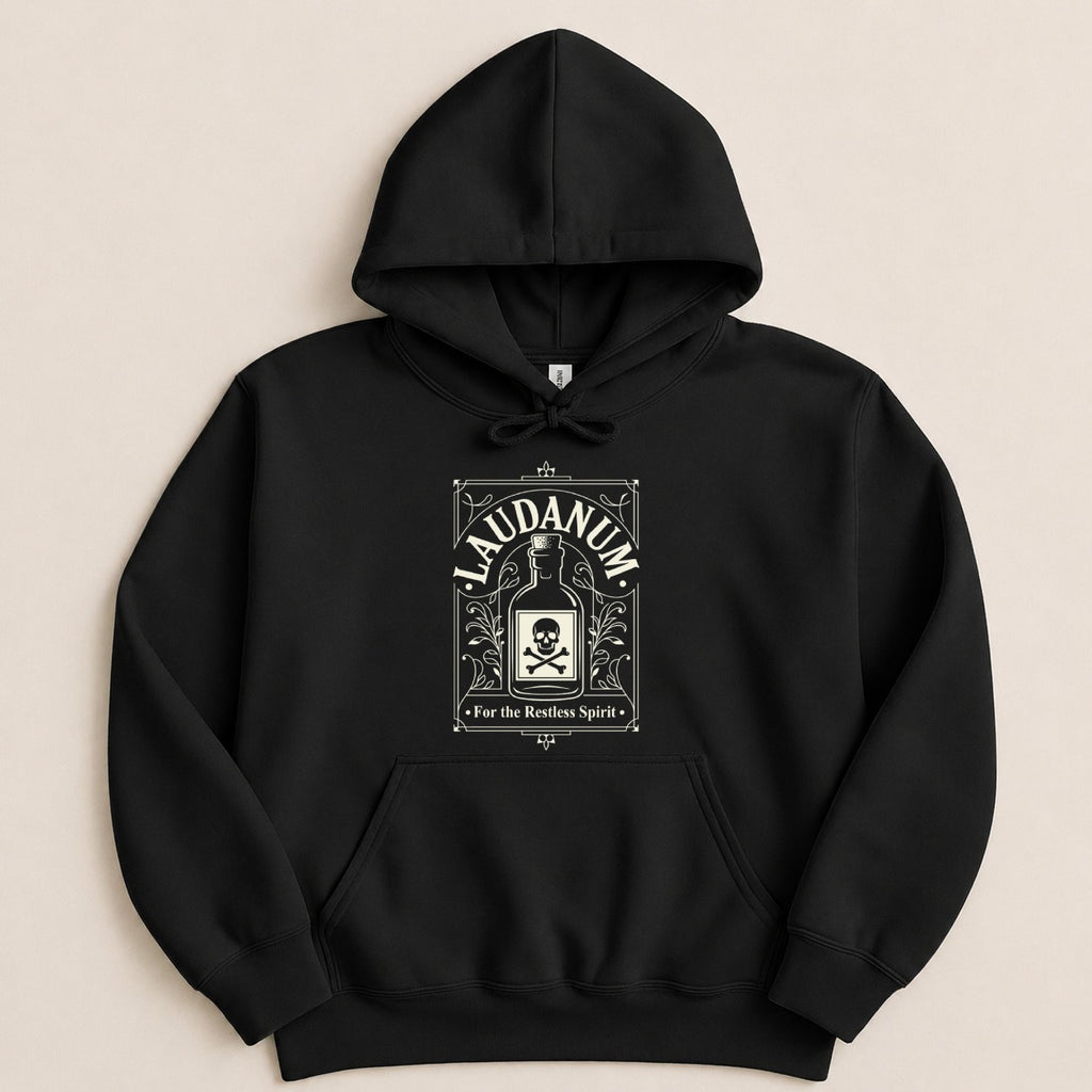 Black hoodie with a Laudanum bottle graphic and skull symbol.