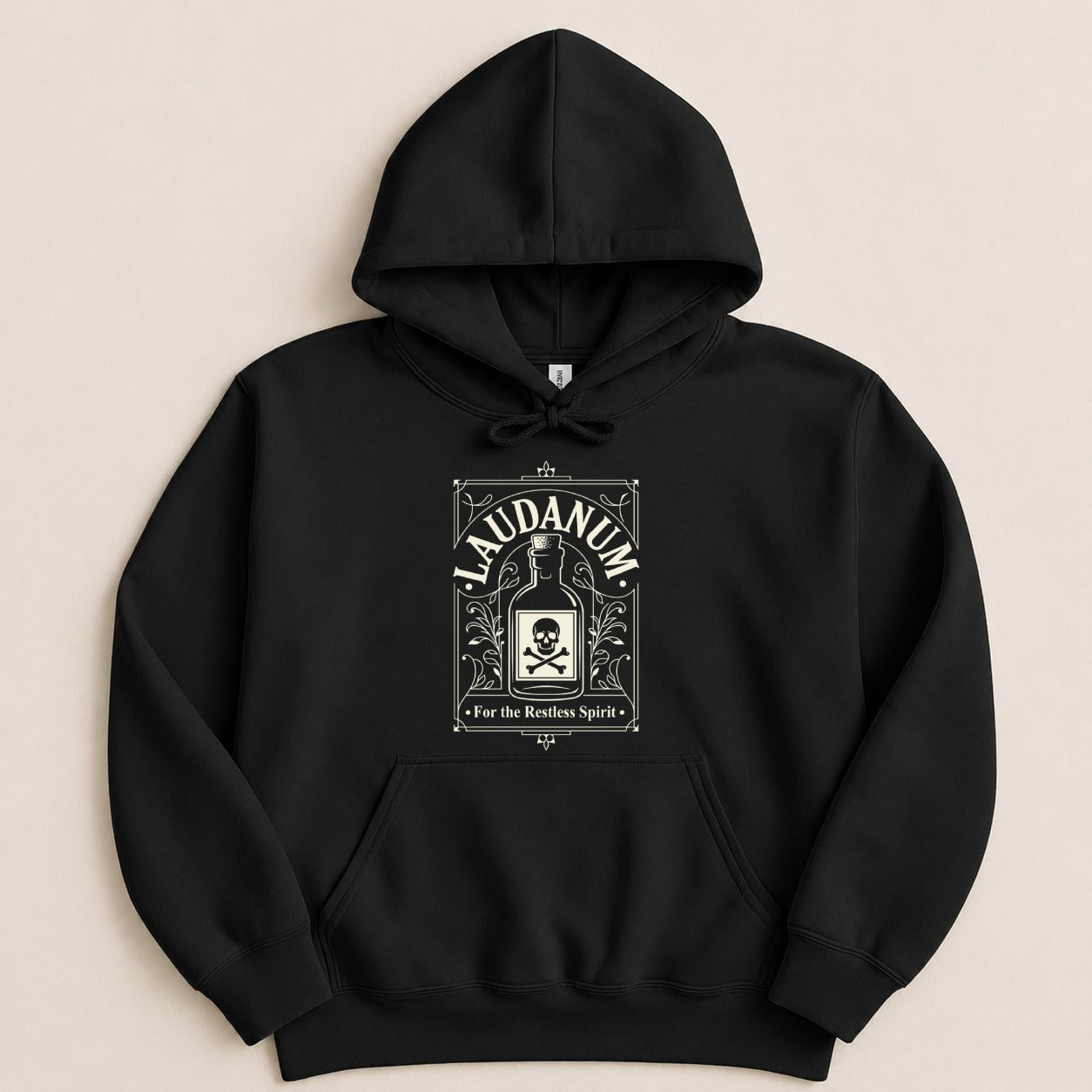 Black hoodie with a Laudanum bottle graphic and skull symbol.