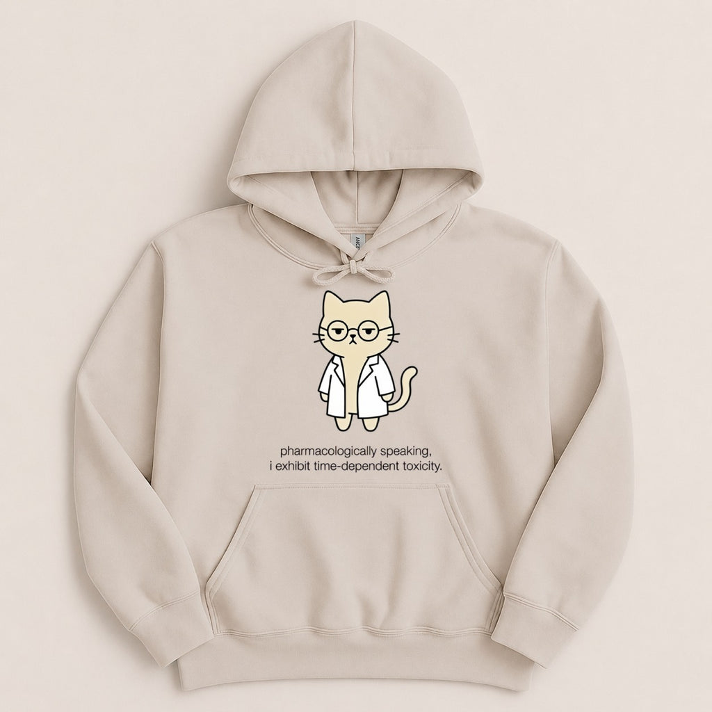 Cat wearing glasses and a lab coat with text "pharmacologically speaking, i exhibit time-dependent toxicity".