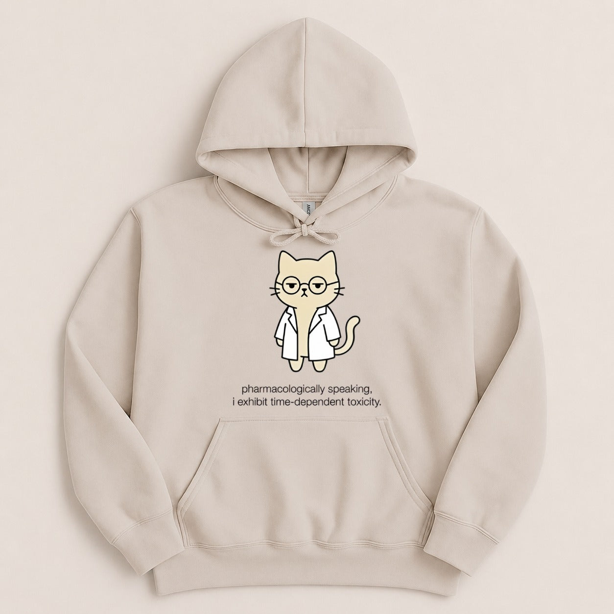 Cat wearing glasses and a lab coat with text "pharmacologically speaking, i exhibit time-dependent toxicity".