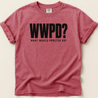 Red Comfort Colors t-shirt with "WWPD? WHAT WOULD PROCTER DO?" in black text.