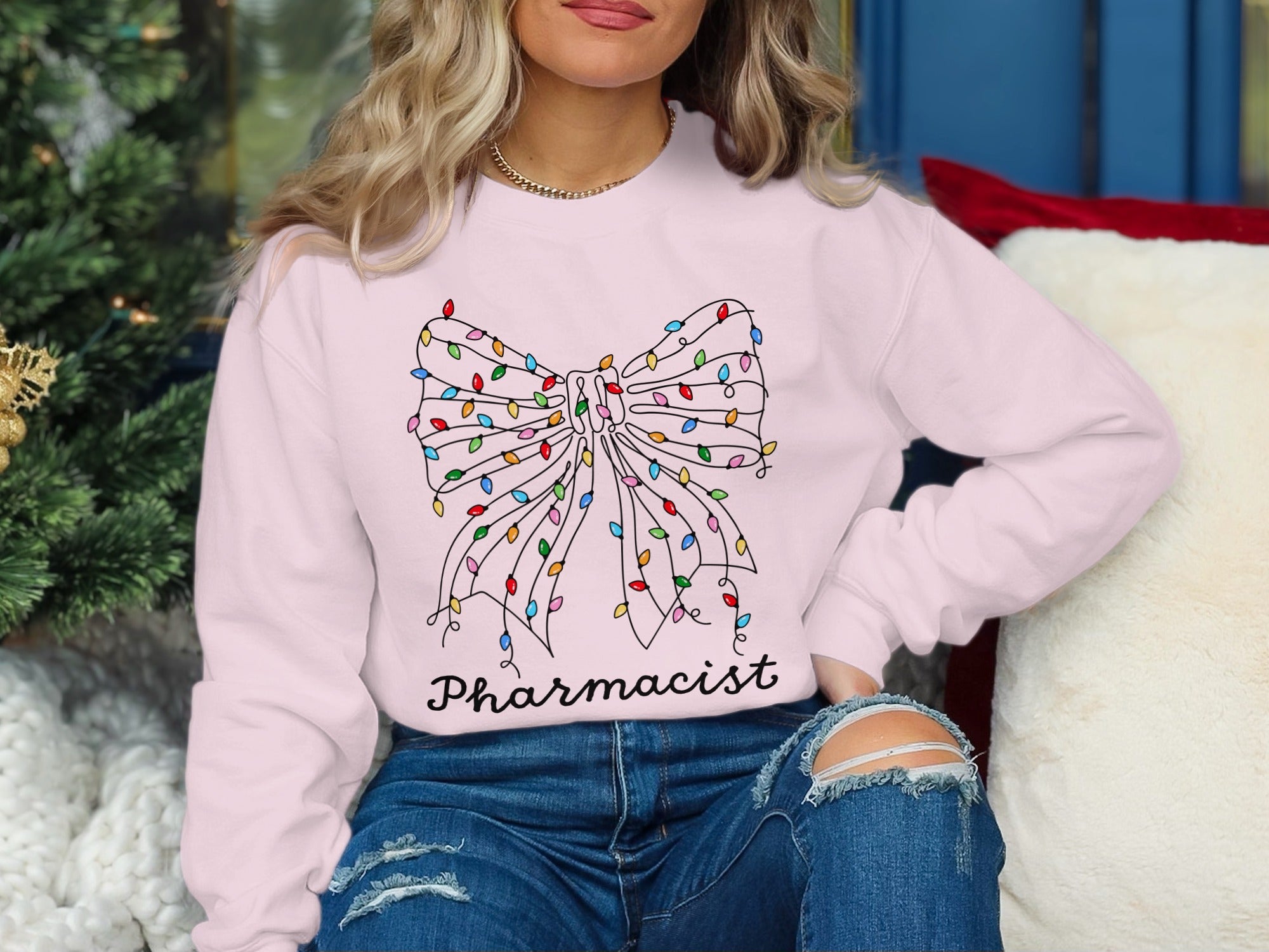 Holiday Lights Bow with Pharmacist Text Sweatshirt