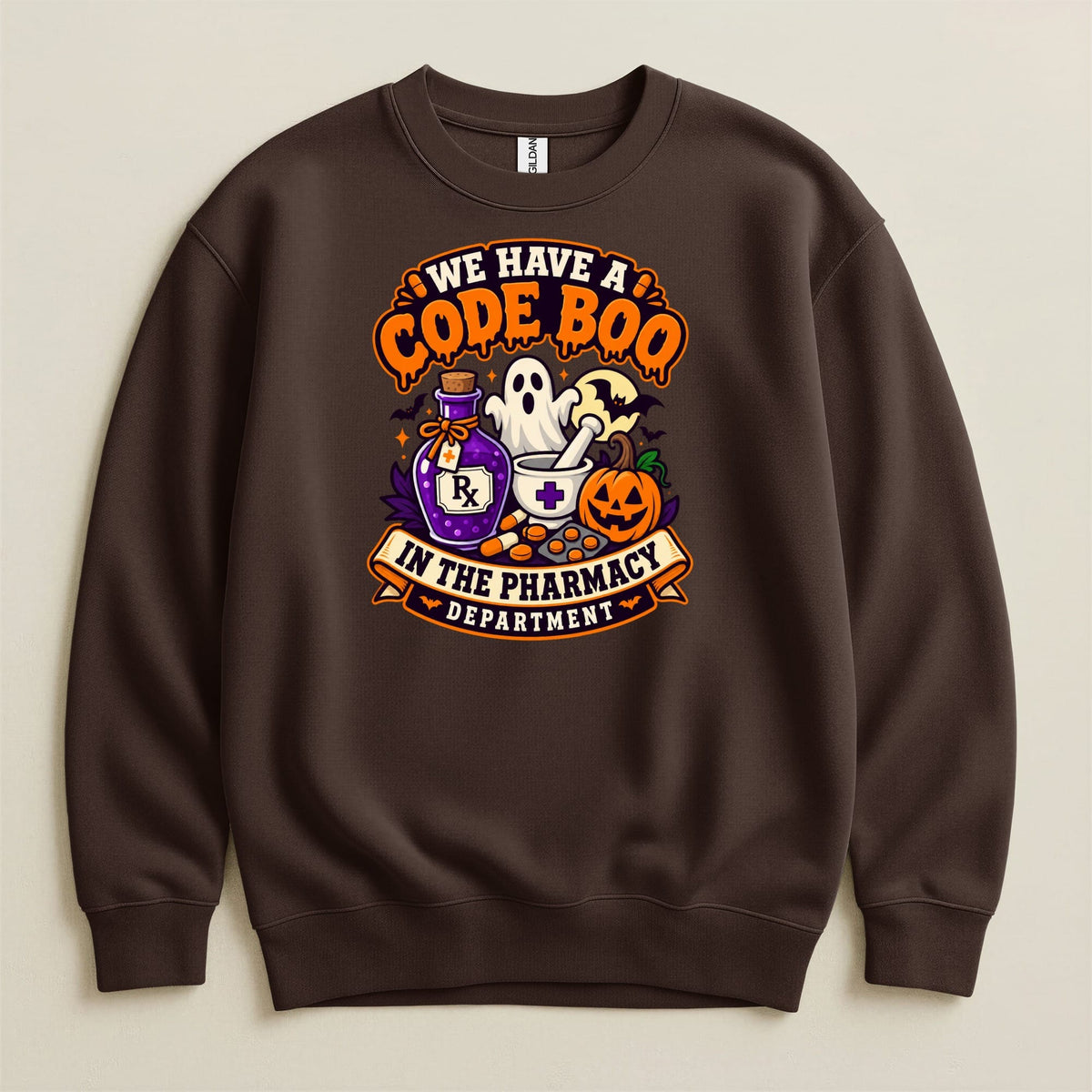 Brown sweatshirt with Halloween pharmacy design reading "We Have A Code Boo In The Pharmacy Department."