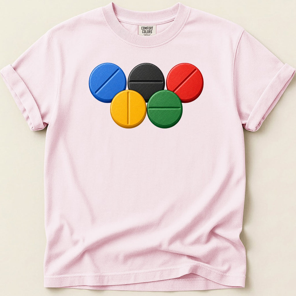 Pink t-shirt with Comfort Colors tag and Olympic rings logo graphic.