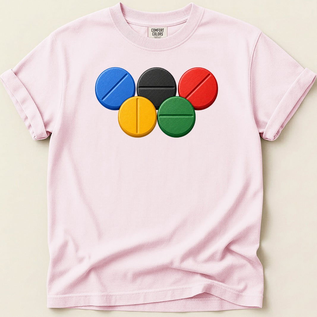 Pink t-shirt with Comfort Colors tag and Olympic rings logo graphic.
