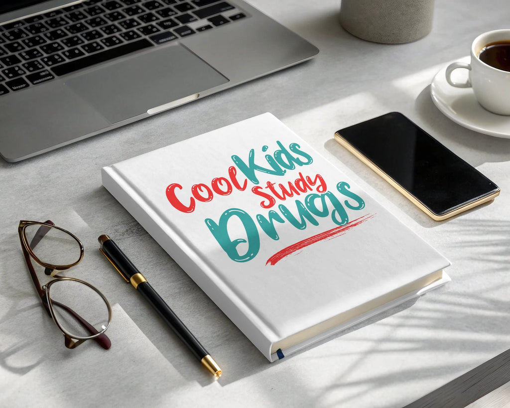 Cool Kids Study Drugs notebook with glasses, pen, laptop, phone, and coffee.