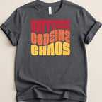 Dark grey t-shirt with "Caffeine Code Chaos" text in red, orange, and yellow.