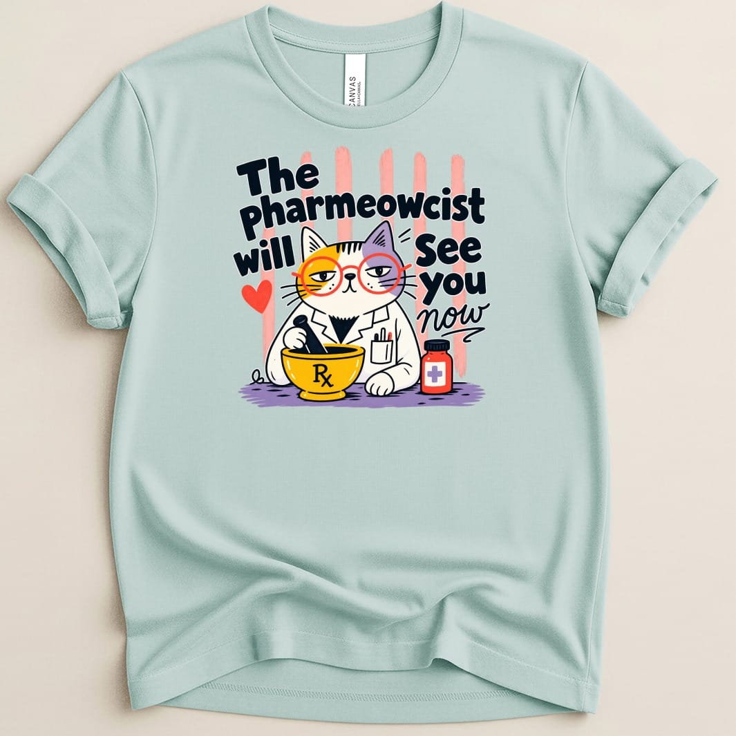 The Pharmewcist will see you now cat with mortar and pestle.