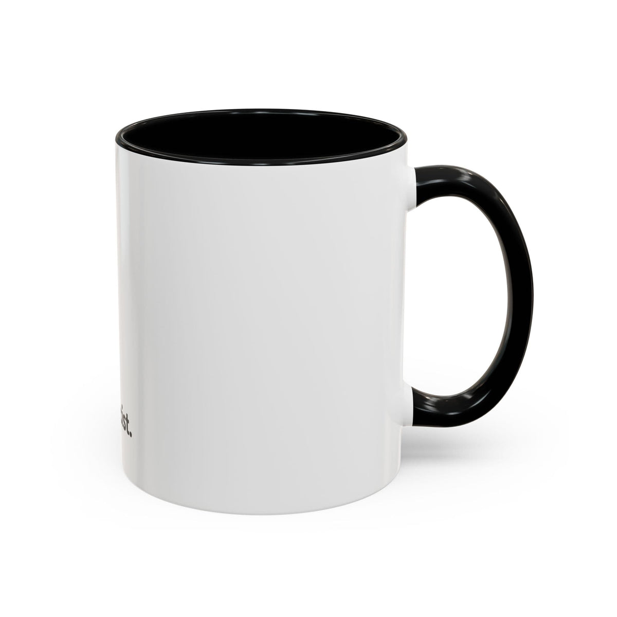 White mug with black interior and handle, featuring the text "ist."