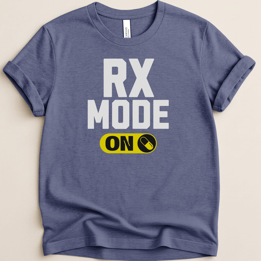 Blue t-shirt with white text "RX MODE ON" and yellow pill icon.